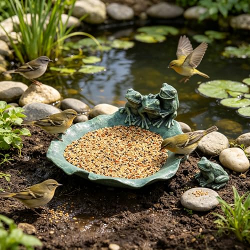 Wild Bird Feeder Birdbath Bowl - Garden Decorations Hummingbird Feeders Frogs on Leaf Bird Bath for Backyard Patio Outdoor Gifts for Frogs Lovers Mom Grandma Women 9.25*9.25*5 inch Newman House Studio