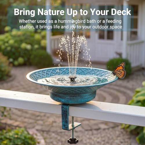 12.6" Solar Bird Bath for Deck Railing, Detachable Metal Bird Bath Bowl | Deck Bird Bathwith 3.5" Sturdy Clamp, Adjustable Deck Bird Feeder for Outside, 2-in-1 Bird Bath for Patio - color: Blue
