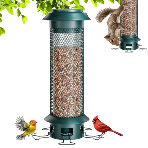 Large Squirrel Proof Bird Feeder with Removable Base, Weight-Activated Cage, Easy to Clean & Spill-Proof, 5 Perches, 4 lb Capacity, Tube Metal Bird Feeder for Outdoors Cardinals, Finches - color: Green