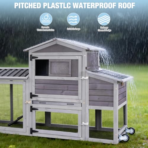 Large Chicken Coop with Run, 80.5’’ Chicken Tractor with Wheels, Wooden Hen House Poultry Cage with Plastic Waterproof Roof and Nesting Box, Leakproof Pull-Out Tray - color: Grey, size: 80.5"L x 21.2"W x 42.5"H