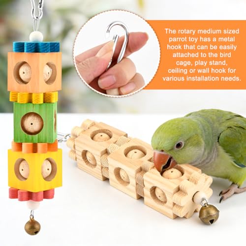 2 Pcs Wooden Bird Chew Toys for Beak Grinding, Hanging Parrot Rotating Wood Block with Bell Parrot Foraging Enrichment Toy for Parakeet, Cockatiel, Conure