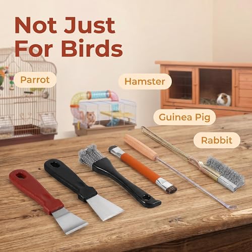 6Pcs Bird Cage Cleaner Brush Kit - Bird Poop Remover & Cage Cleaning Tools Set, Stainless Steel & Nylon Brushes for Parakeet, Budgie, Parrot & Small Animal Cages, Multi-Size for Deep Cleaning