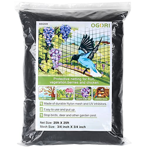OGORI 25' x 25' Bird Netting Heavy Duty Nylon 3/4" Mesh Garden Netting Protect Fruit Trees, Plants and Vegetables - size: 25'×25'-3/4''