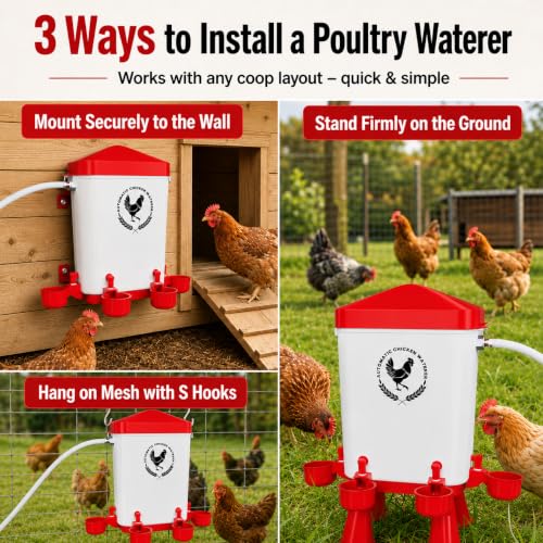 3 Gallon Chicken Waterer with 10 Chicken Water Cups, No Spill Poultry Waterer Bucket with Stand Legs, Hooks and Screws, Chicken Water Feeder for Coop, Ducks, Hens, Farm (Red, Auto-1pcs) - color: Red, size: Auto-1pcs