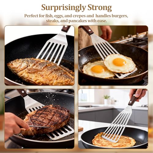 Fish Spatula Wide Slot, Premium Stainless Steel with Wood Handle for Flipping Fish, Eggs, Pancakes & Burgers (Small) - size: Small