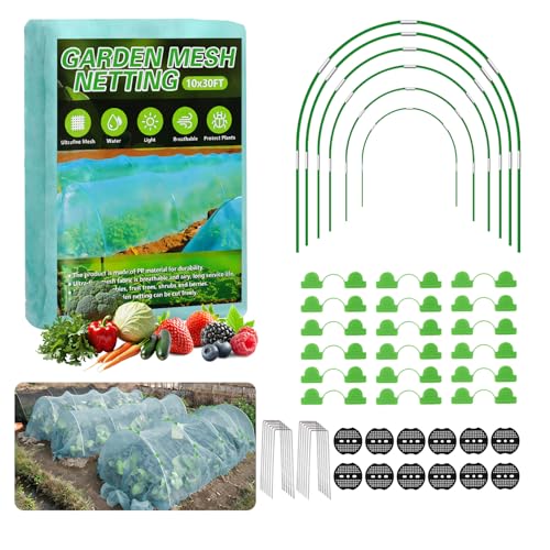 Garden Mesh Netting Kit, 10x30FT Green Ultra Fine Netting & 6 Sets 8FT Fiberglass Garden Hoops with Stake, Garden Netting with Frame for Raised Beds, Garden Hoops and Netting, Row Cover, Plant Barrier - color: Green