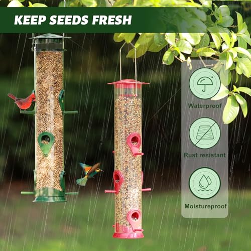 2 Packs Bird Feeder Tube Hanging Feeders, 6 Port Wild Bird Feeders Premium Hard Plastic with Steel Hanger Weatherproof and Water Resistant Great for Attracting Birds 18.2 Inches Large (Red + Green) - color: 2Packs-red&green