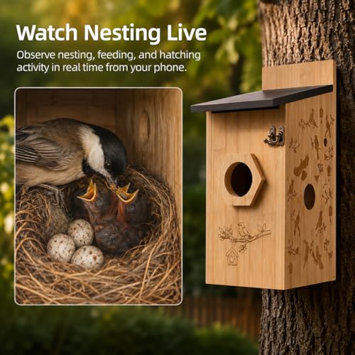 Smart Bird House with Camera, Wooden Birdhouse for Outdoor Bird Watching, App Live View, Color Night Vision, Motion Detection, 2-Way Audio, Waterproof Backyard Bird Nesting Box - color: Woodland Oak, size: Wired Edition