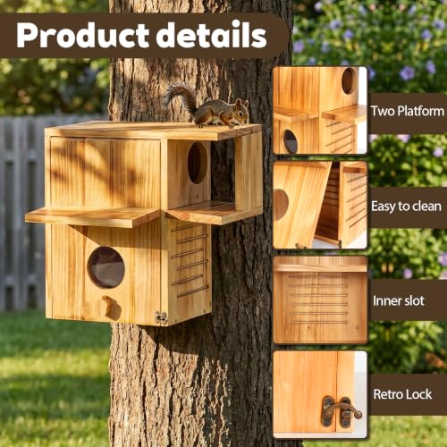 BOUGOON Large Squirrel House for Outside,Fir Wood Squirrel Nesting Box | with Multi Platform,Acrylic Observation Window,Lockable Front Pane,Drainage Holes for Tree Fence Backyard