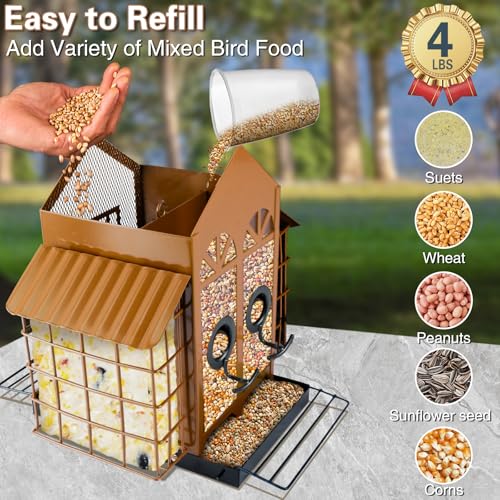 TayePin Bird Feeders for Outdoors Hanging, Metal Wild Bird Feeders with Double Suet Cage, 4LBS Large Capacity for Outside Garden Waterproof, ldeal Gifts for Birds Feeding Finch Cardinal, Brown