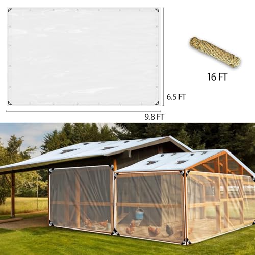 6.5 x 9.8 FT Thickened Chicken Coop Cover for Winter, Waterproof & Anti-Tear Chicken Coop Insulation with Rope, Chicken Run Sidewalls, Windproof Clear Chicken Coop Tarp for Chicken Run