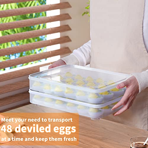 Deviled Egg Containers with Lid, (Set of 2), Plastic Egg Holder for Refrigerator for 48 Eggs, Clear Storage Deviled Egg Carrier Tray, Fridge Stackable Countertop Portable Egg Dispenser - color: Clear, size: 48 Eggs