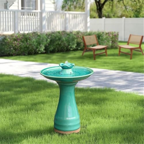 LuxenHome 22" Ceramic Bird Bath Fountain, Outdoor Water Fountain Birdbath | Glazed Jade Green Freestanding Waterfall Birdbath, Build-in LED Light and Pump, Garden Fountain for Backyard, Patio