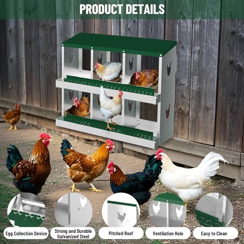 GarveeLife 6 Compartment Chicken Nesting Box, Nesting Boxes for Chickens, Metal Chicken Laying Boxes with Perch, Secure Lid, Versatile Wall Mount or Free Standing for Hens, Green - color: green, size: 6 grids