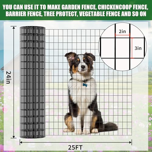 PVC Coated Welded Wire Fence 24" x 25' Roll, 2"x3" Mesh,15GA, Black | Vinyl Coated Mesh, Garden Border, Vegetable Plant Protector, Pet & Dog Enclosure, Chicken Coop Fencing, Plant Protection - size: 24in*25ft