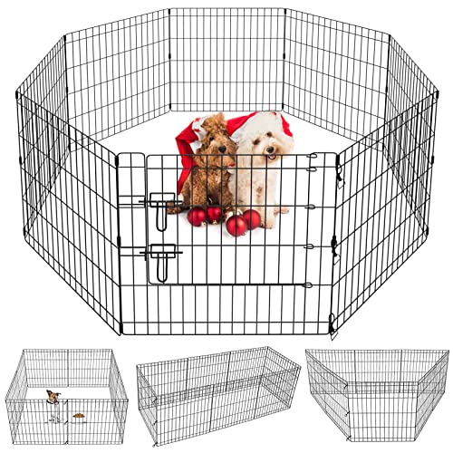 Puppy Pet Playpen 8 Panel 24 Inch Indoor Outdoor Metal Portable Folding Animal Exercise Dog Fence Ideal for Pet Animals Dog Cat Rabbit Breed Puppy (24" x 24" x 8) | Rustproof 8-panel metal playpen with door folds flat, sets up tool-free, and forms multipl