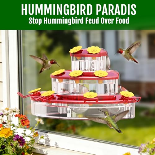 Birdream Hummingbird Feeders for Window, 2 Pack-18oz Suction Cup Hummingbird Feeder with 9 Feeding Ports & Clean Brush, Attracting Ruby Throated Anna Rufous - Red - size: 2 Pack