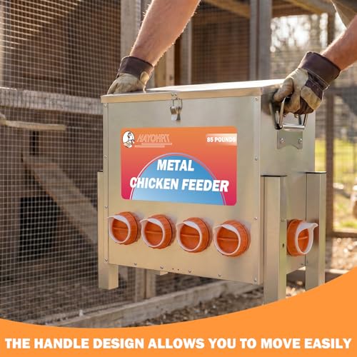 85LBS of Feed Chicken Feeder No Waste 10-Ports Automatic Large Poultry Feeder with Adjustable Legs Perspective Window Latch & Handle for Chickens Bantams Pheasants - size: 10 Ports - 85-120 LBS