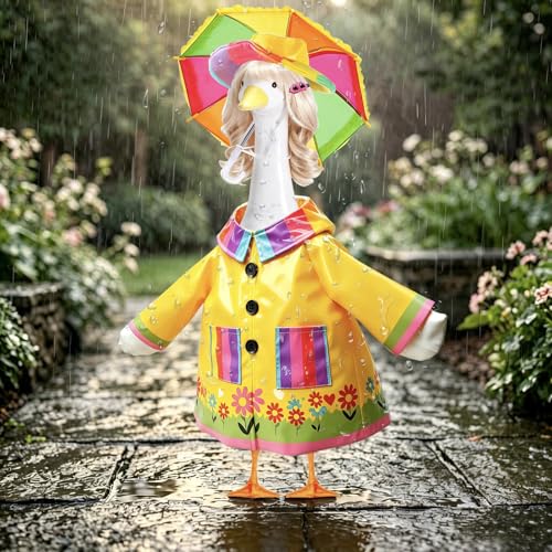 4 Pcs Porch Goose Raincoat with Wigs, Outfits and Clothes, Spring Summer Goose Statue Raincoat Costume, 23" Geese Statue Clothes for Patio Yard Lawn Outdoor Decor - color: Yellow Garden Raincoat