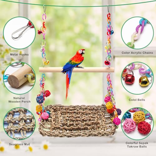 Bird Swing Mat with Wood Perch, AHIER Seagrass Bird Hammock for Conures with Chewing Toy for Parakeets, Budgie, Cockatiel Cage Accessories - color: Light Wood Pole