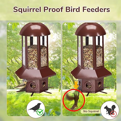 Squirrel Proof Bird Feeders, 5lbs Heavy Duty Metal (Brown) | Weight-activated mechanism bird feeders for outdoors, 6 Chew-proof feeding ports