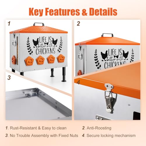 95LB Extra-Large Chicken Feeder with 10 No-Waste Ports – Galvanized Metal Poultry Feeder, Anti-Roost Roof Lid, Feed Level Window & Adjustable Cylindrical Legs – Outdoor Feed Box for Ducks & Geese - size: 95LB
