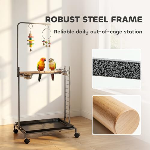 PawHut Bird Stand Parrot Stand with Wheels Wooden Perch Ladder Dark Gray | Stainless Steel Bowls, Slide-out Tray, for Indoor Outdoor Use, for Budgies, Parakeets