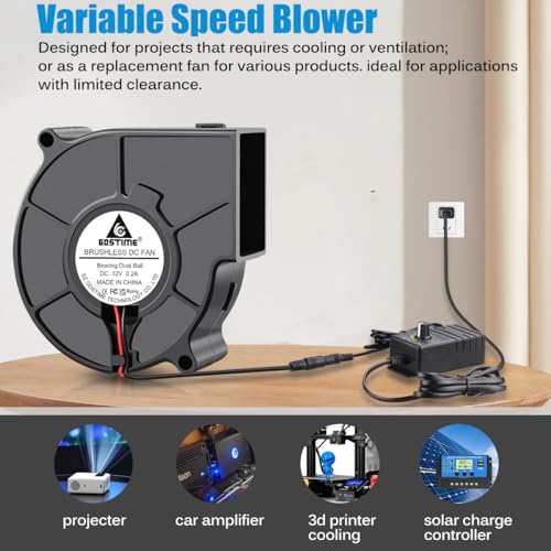 GDSTIME 75mm x 30mm Blower Fan with Speed Control, 110V to 240V AC Powered | Dual Ball Bearing, Brushless Turbine Turbo Cooling, 7530, for Cabinet Humidor, RV Inverter/Charger, DIY Air Purifier - size: 75x30mm