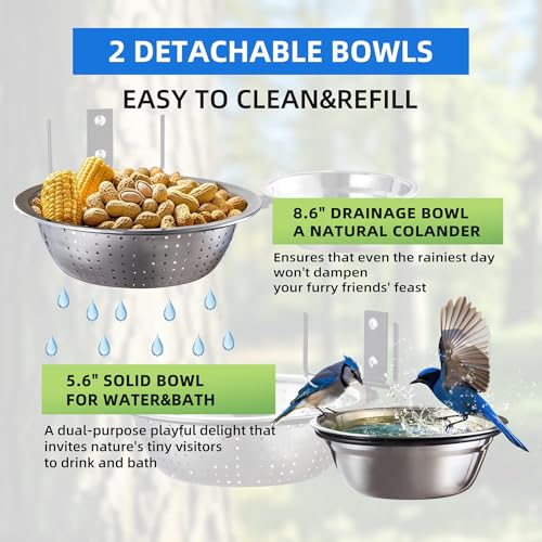 2-Hoop Squirrel and Bird Feeder, Cute Metal Colander Feeders Outside Tree Mounted, 8.6" Drainage Feed+2 Corn Cob Holder for Dry Food, 5.6" Solid Bowl for Water/Bath-Squirrel Feeders for Fence - size: 2-Hoop - 14.1" Length