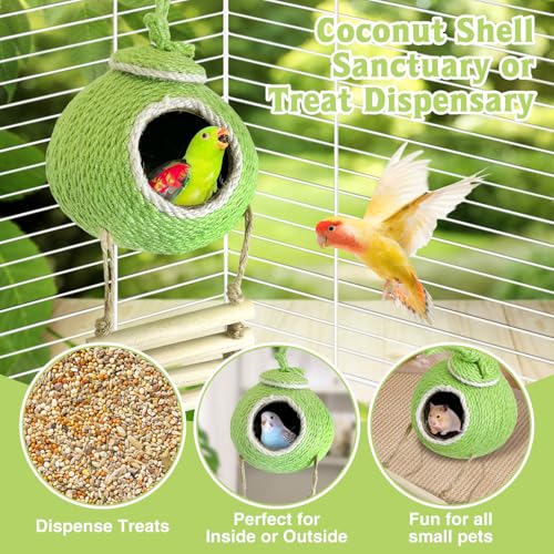 Tfwadmx Coconut Hide with Ladder, Natural Coconut Fiber Hanging Birdhouse Cage, Handmade Sisal Rope & Coconut Bird Shell Breeding Nest for Parrot Parakeet Lovebird Finch Canary (2 Pcs Green)