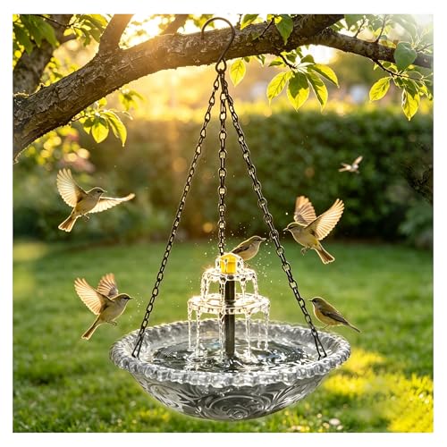 Solar Cascade Hanging Bird Bath, 3-Layer Powered Birdbath Fountain, Grey | Outdoor Water Dispenser for Hummingbirds, Hummingbird Bath Shower Bowl for Garden Yard - color: Grey
