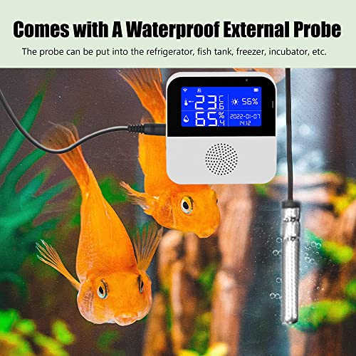 WiFi Thermometer Hygrometer with Waterproof Probe: Smart Temperature Humidity Sensor with LCD Backlit Screen & Calibration Function, App & Buzzer Alert, Indoor Temperature Monitor for Home Pet