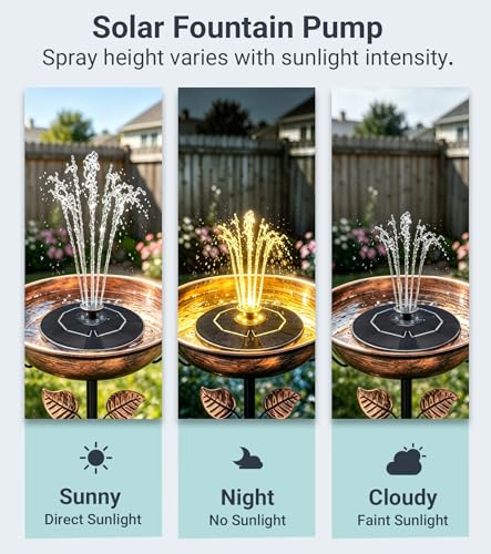 6.3" Solar Bird Bath Fountain with Color LED Lights | 9V/2W Solar Fountain Pump, 800mAh Battery Backup, 4 Fixed Rods 5 Spray Patterns for Birdbath Pond Patio Flowing Water Feature