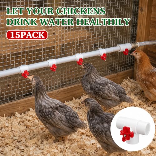 15-Pack Horizontal Chicken Nipples Waterer with 1/2" PVC Tee Fittings, Automatic Poultry Waterer Kit for DIY Chicken Duck Quail Watering System, Side Mount Drinker