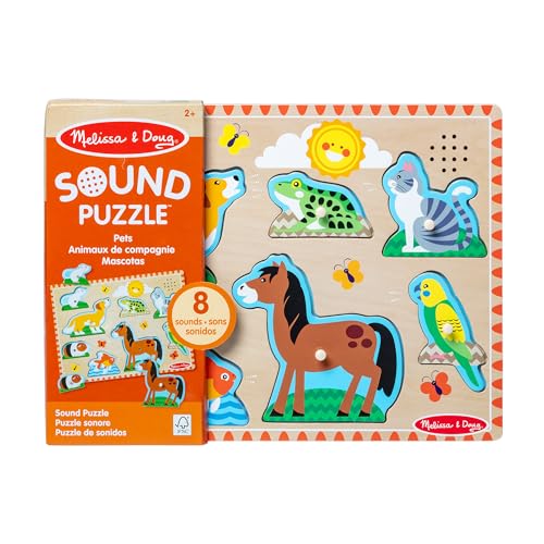 Melissa & Doug Zoo Pet Animals Sound Puzzle – 8-Piece Wooden Peg Puzzle with Light-Activated Sounds, Music Learning Toy for Toddlers and Preschoolers Ages 2+ - size: 11.8 x 8.8 x 1.25, style: Pets