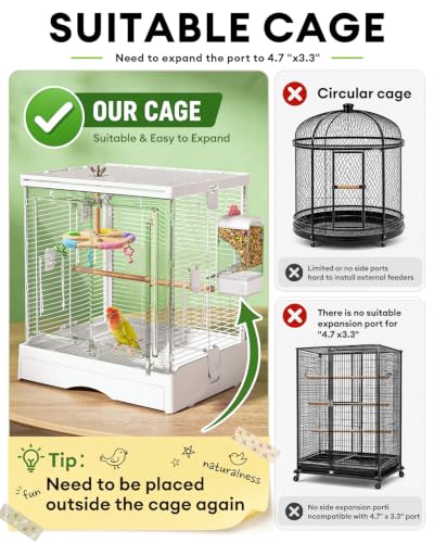 Bucatstate No Mess Bird Feeder, Auto Dispenser, Dual Filter & Waste Drawer | External Hanging, Fits 4.7"x3.3" Side Opening, for Parakeet Cockatiel Budgie Canary,for Square Cages