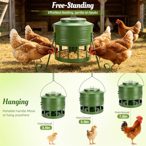 Metal Chicken Feeder, 20Lbs Large No Waste Chicken Feeder with 12 Ports, Heavy Duty Poultry Feeder with Lid & Handle, Rat Proof Rust Proof Feed Box for Chickens Ducks Geese Backyard Farm (Green) - color: Green