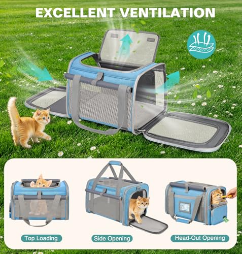 Cat Carrier Airline Approved Privacy Portable Top Load Pet Travel Bag | Soft Sided Pet Carriers for Small Cats Dogs Puppy up to 16 Lbs,Collapsible,Zipper Lock,Luggage Sleeve,2 Storage,Washable - color: Sky Blue