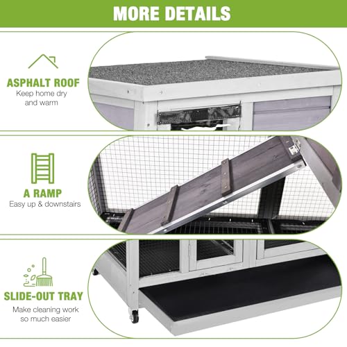 GUTINNEEN Rabbit Hutch Mobile Bunny Cage Indoor with Run Rabbit House for Small-Medium Animals with Waterproof Roof(Grey) - color: Grey