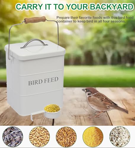 Bird Seed Storage Container Airtight,5~6LB Metal Bird Food Container with Scoop,Wild Birds Feed Tin for Storing Sunflower Seed-Ideal for Outdoor or Indoor-Squirrel proof -White - color: White