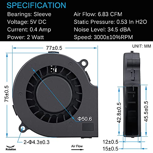 GDSTIME 75mm USB Blower Fan with 3 Speeds Control, 7515 5V DC Brushless | 75mm x 15mm, Turbine Turbo Fan, Adjustable, for Cosplay/Welding Helmet, Laptop, 3D Printer, Dehumidifier Cooling Ventilaiton - size: 75mm x 15mm