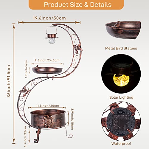 VEWOGARDEN S Bird Baths for Outdoors Metal Standing Bird Bath with Solar Lamp Vintage Garden Birdbaths with Flower Planter Pedestal(36" H * 19.6" W) - color: Antique Bronze
