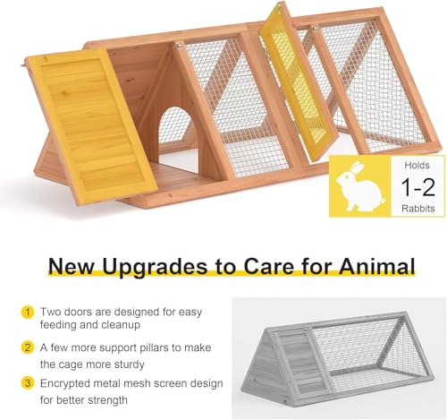 Rabbit Hutch Outdoor Chicken Coop Run A-Frame Bunny Cage Wooden Quail Cage w/ 2 Door & Ventilated Wire Fence Small Animal Cage for Garden Backyard Farms 47 x 18 x 19.5 in - color: Wood