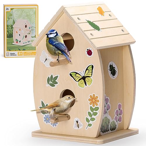 SainSmart Jr. Bird House Kit for Kids to Build and Paint - Art Craft Wooden Toys - Unfinished Wood Crafts with Stickers - Woodworking Crafts for Children Ages 3+