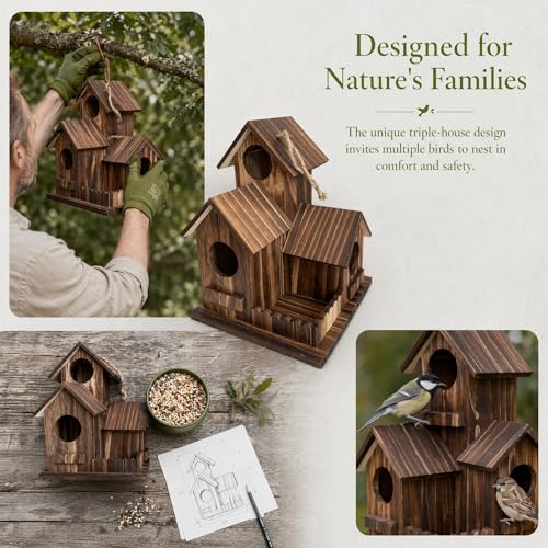 Wooden Bird House for Outside, 3-Chamber Rustic Birdhouse, Hand-Charred Solid Wood Weather Resistant Hanging Nest Box for Bluebird Finch Sparrow, Outdoor Garden Decor (Classic)