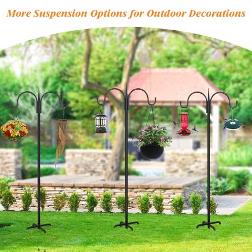 Heavy Duty Shepherds Hook 92" Double Hooks Adjustable (44/60/76/92") - Metal 5-Prong Base, 15lb Capacity - Easy Assembly Bird Feeder Pole for Hanging Planters, Lanterns, Wind Chimes - color: 1-Pack, size: 92" Double Hook