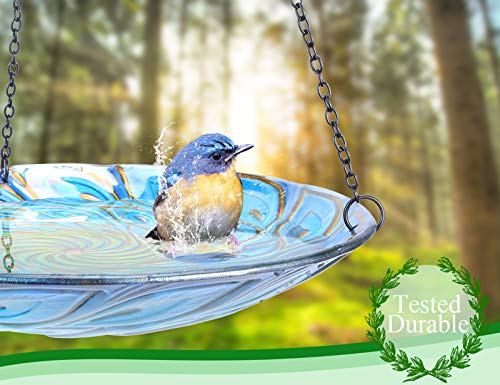 Hanging Glass Bird Bath Peacock Outdoor Birdfeeder Garden Yard Decor | 11-inch Hanging glass bird bath for outdoor bird drinking and bathing creating a beautiful backyard wildlife habitat - color: blue