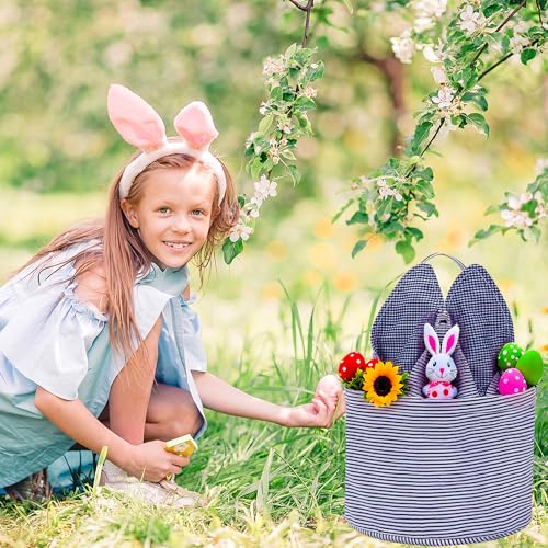 Easter Basket Seersucker Egg Hunt Bunny Baskets for Kids with Cute Rabbit Ears Stripe Storage Gifts Candies Personalized Easter Party Gifts… - color: Seersuck Navy