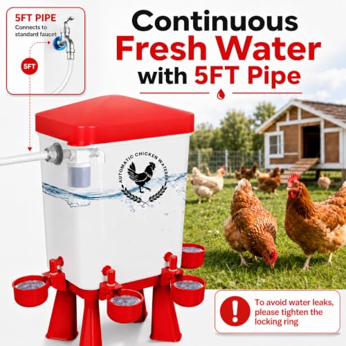 3 Gallon Chicken Waterer with 10 Chicken Water Cups, No Spill Poultry Waterer Bucket with Stand Legs, Hooks and Screws, Chicken Water Feeder for Coop, Ducks, Hens, Farm (Red, Auto-1pcs) - color: Red, size: Auto-1pcs