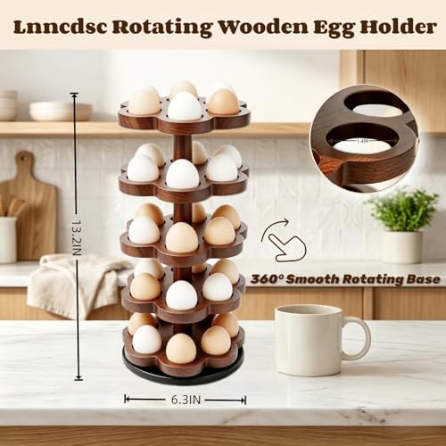 360° Rotating Wooden Egg Holder for 30 Eggs (Brown) | petal-shaped tray, 5 tiers, 6 egg slots per layer, solid wood, farmhouse countertop organizer, for kitchen and Easter display - color: Brown